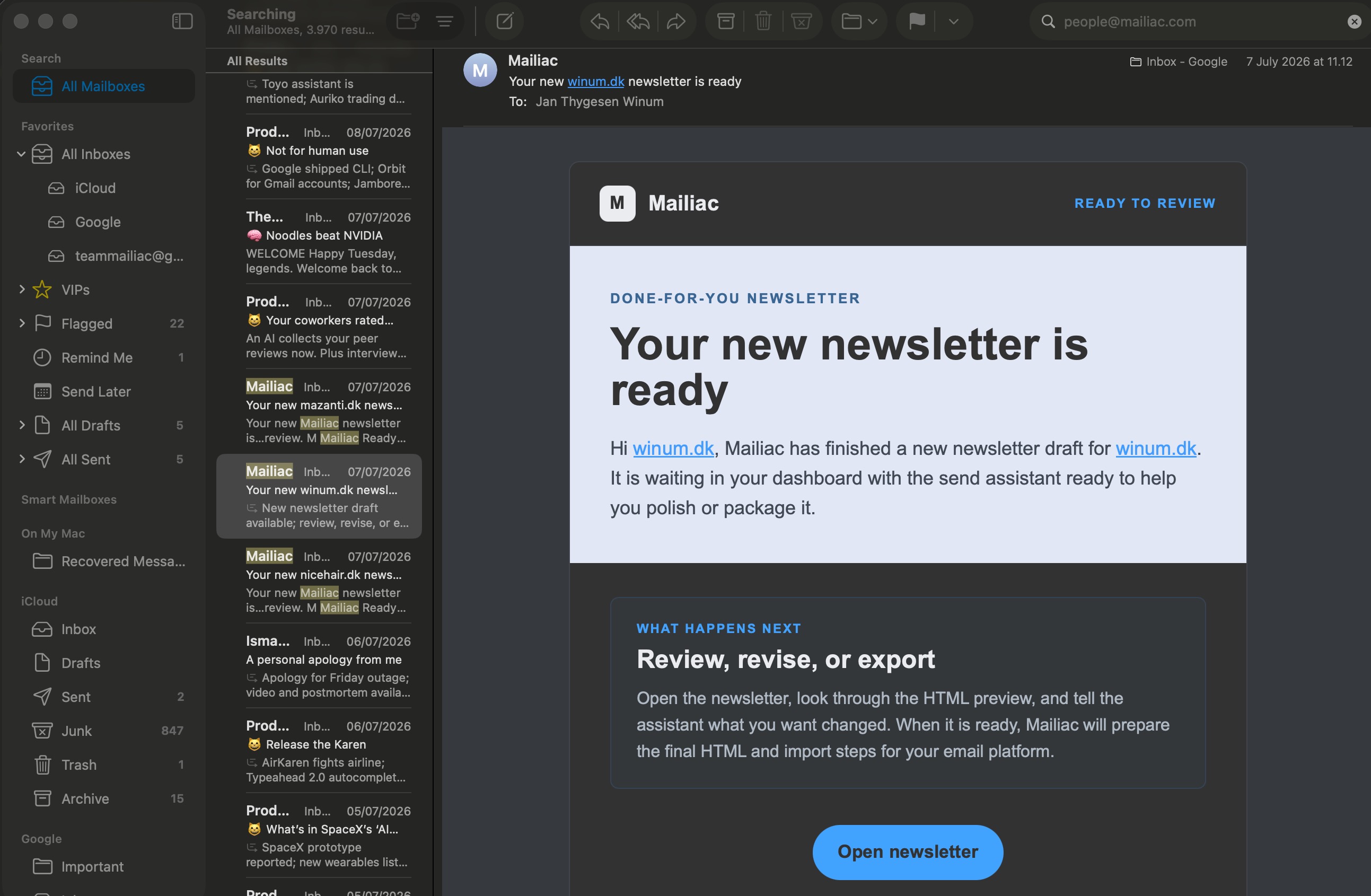 Mailiac email notification showing a new newsletter ready to review