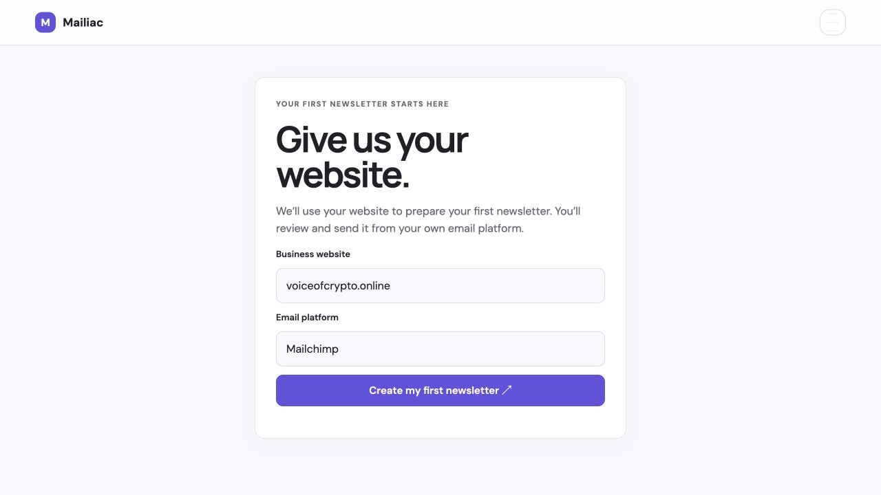 The Mailiac onboarding screen with fields for a business website and email platform.