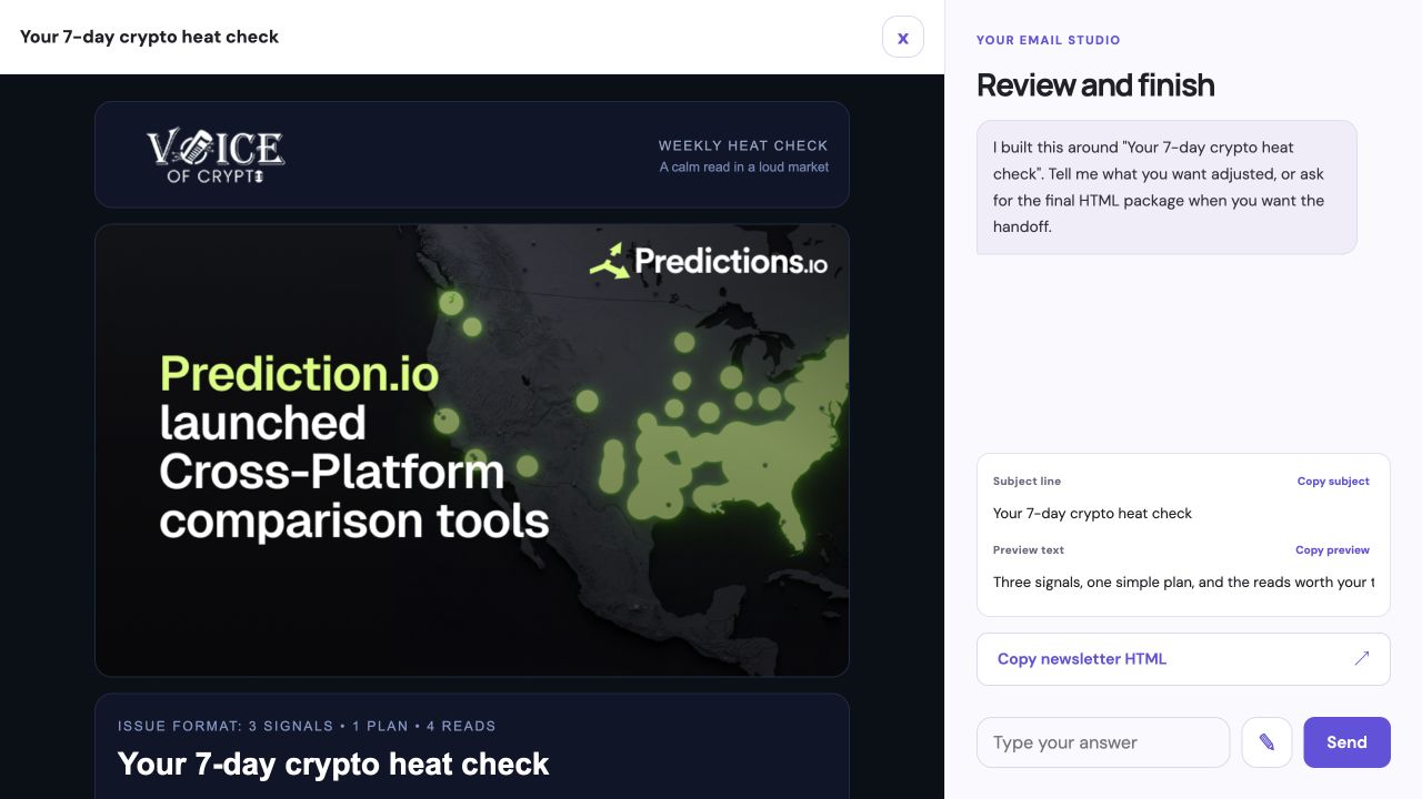 An actual Voice of Crypto newsletter open in Mailiac’s newsletter preview.