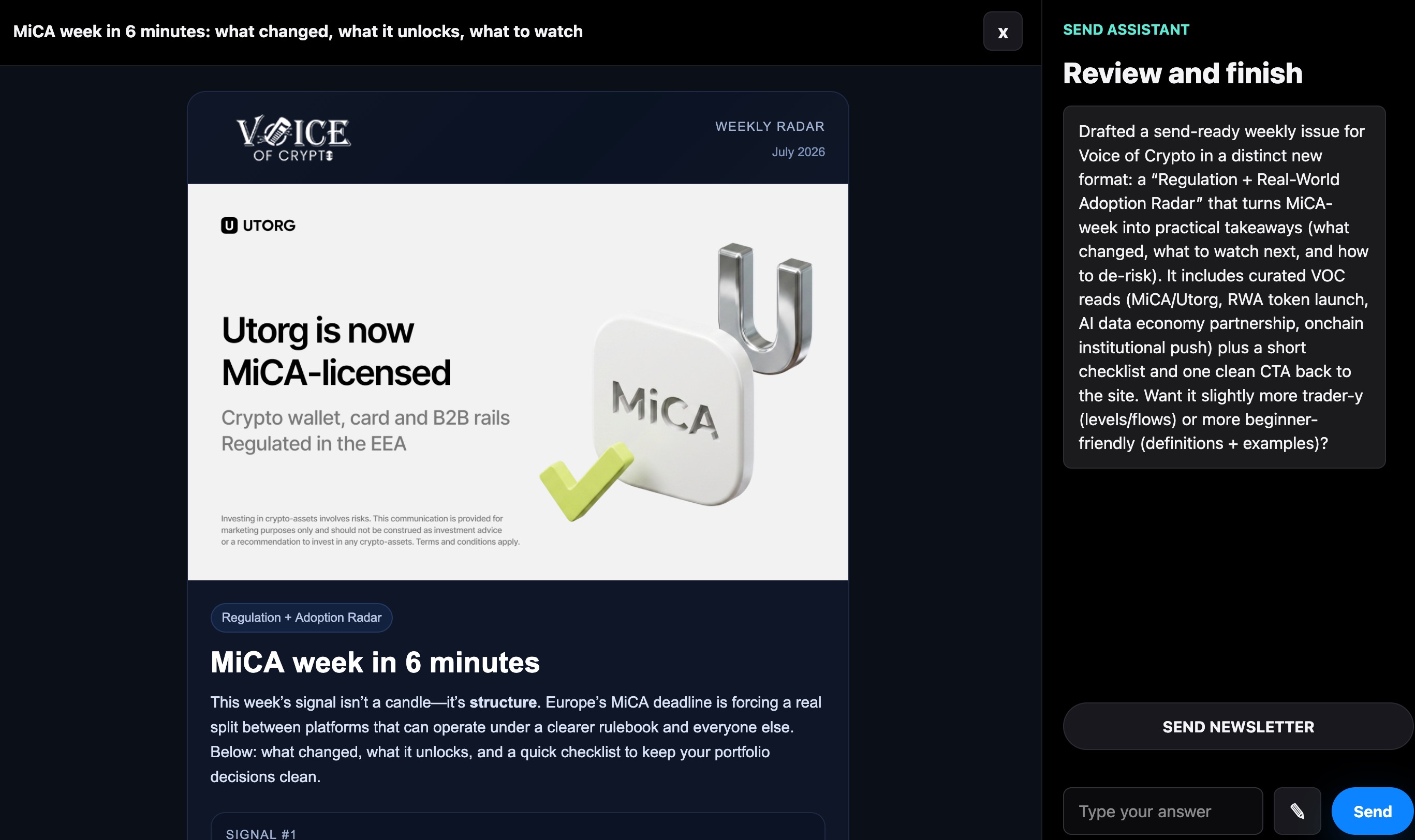 Mailiac app showing a Voice of Crypto newsletter about MiCA regulation ready for review