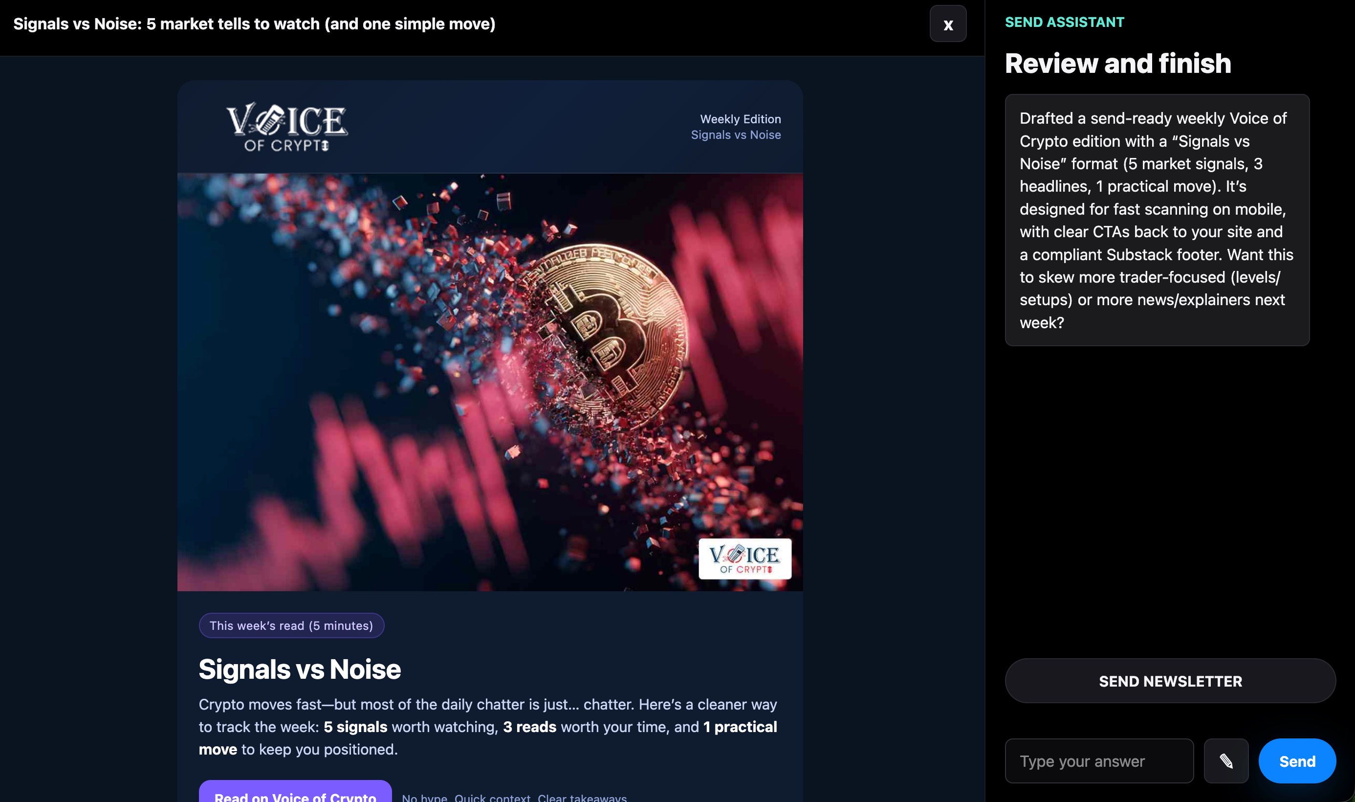 Mailiac app showing newsletter copy and design output
