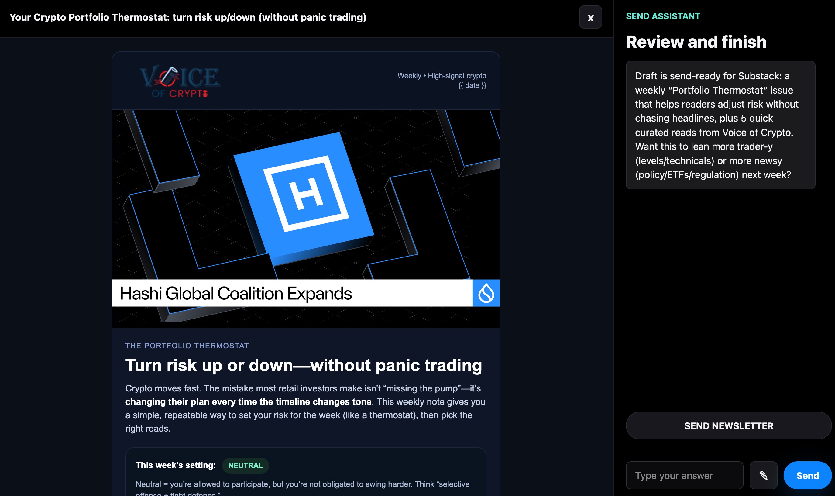Mailiac app showing a designed Voice of Crypto portfolio thermostat newsletter
