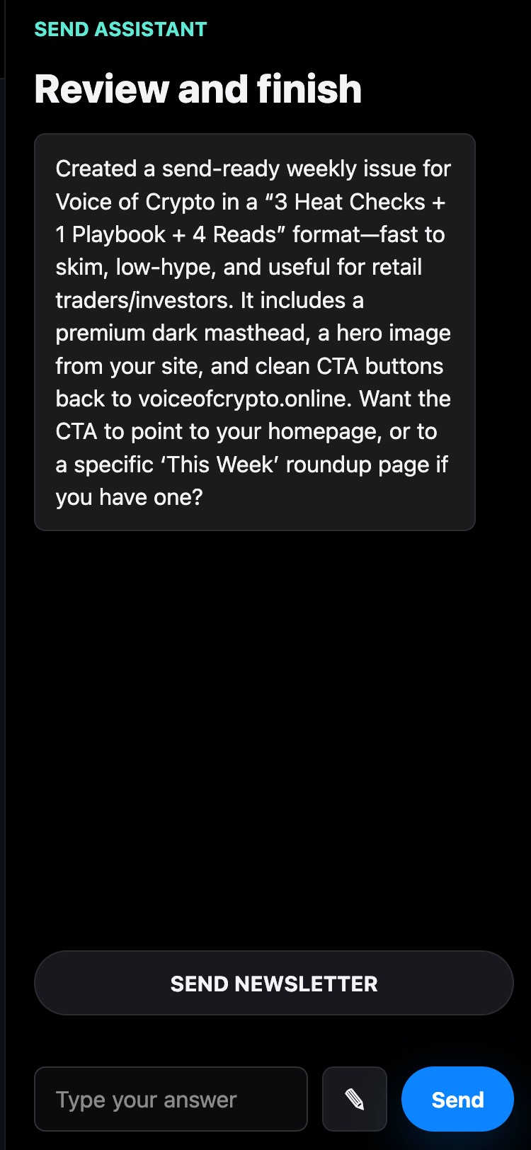 Mailiac explains the newsletter it created using the Voice of Crypto website, including its articles, imagery and links.